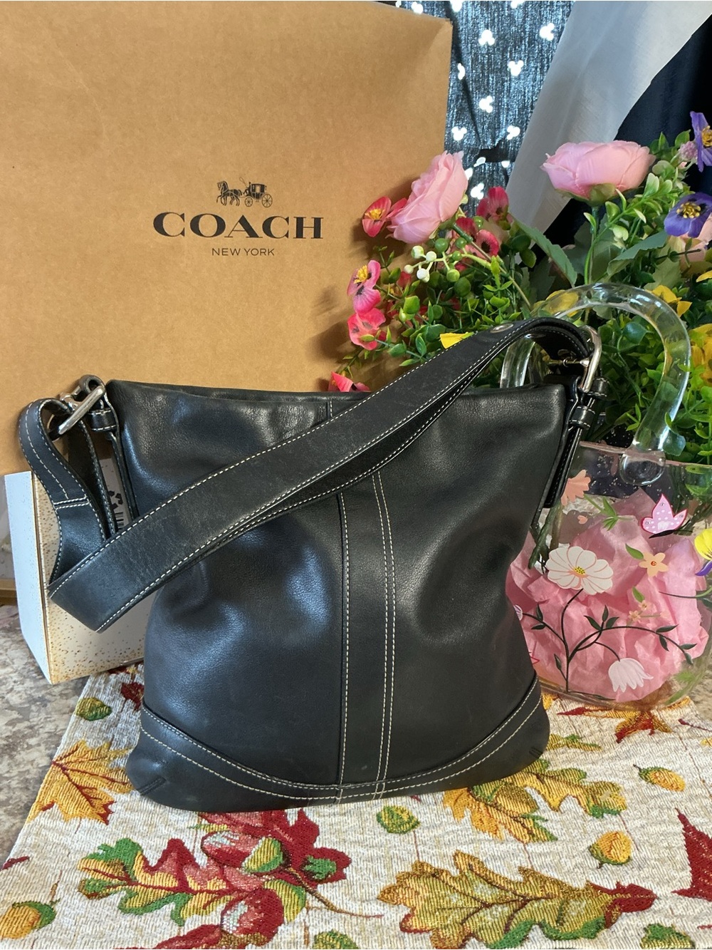 Coach Black Leather Shoulder Bag with White Contrast Stitching